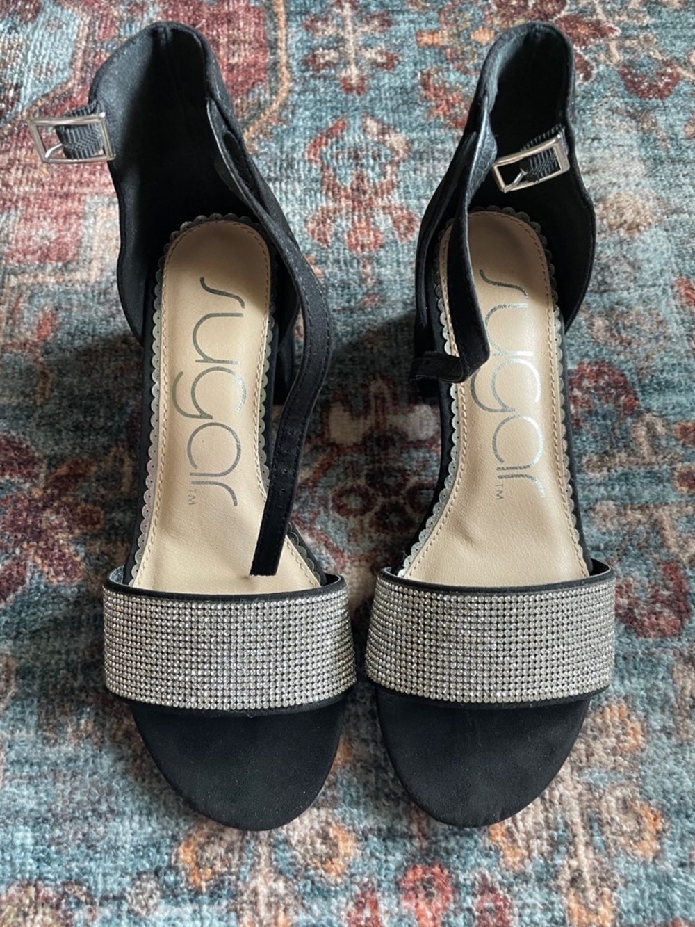 Sugar Embellished Black Ankle-Strap Sandals -